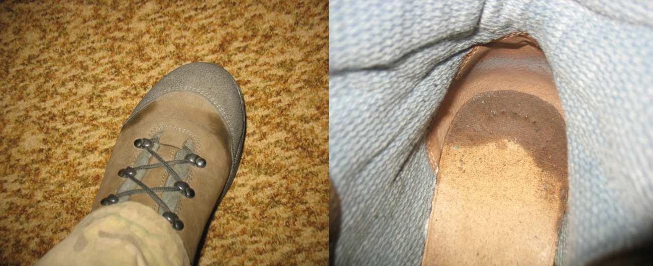 На фото ботинок «Росомаха» 24055 с кожей на носке, которая намокла от внутренней влаги